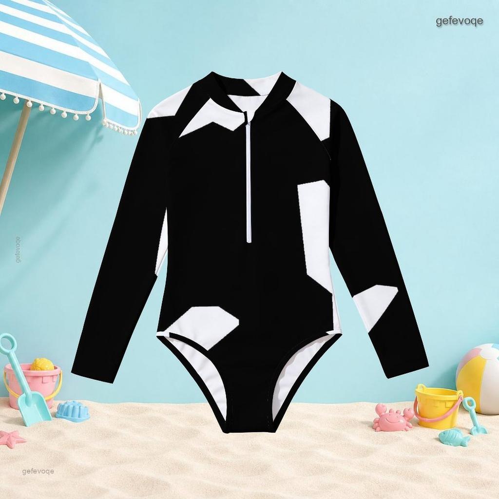 Girls High Neck Long Sleeve Front Zip One Piece Swimsuit Black White Geometric Printed