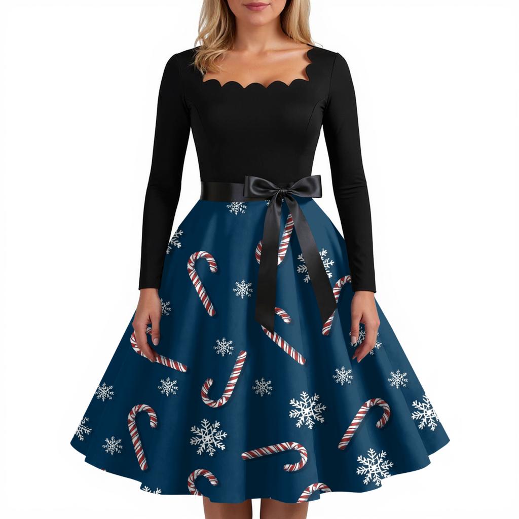 Women's Fashion Retro Long-sleeved Square Collar Christmas Printed Evening Dress