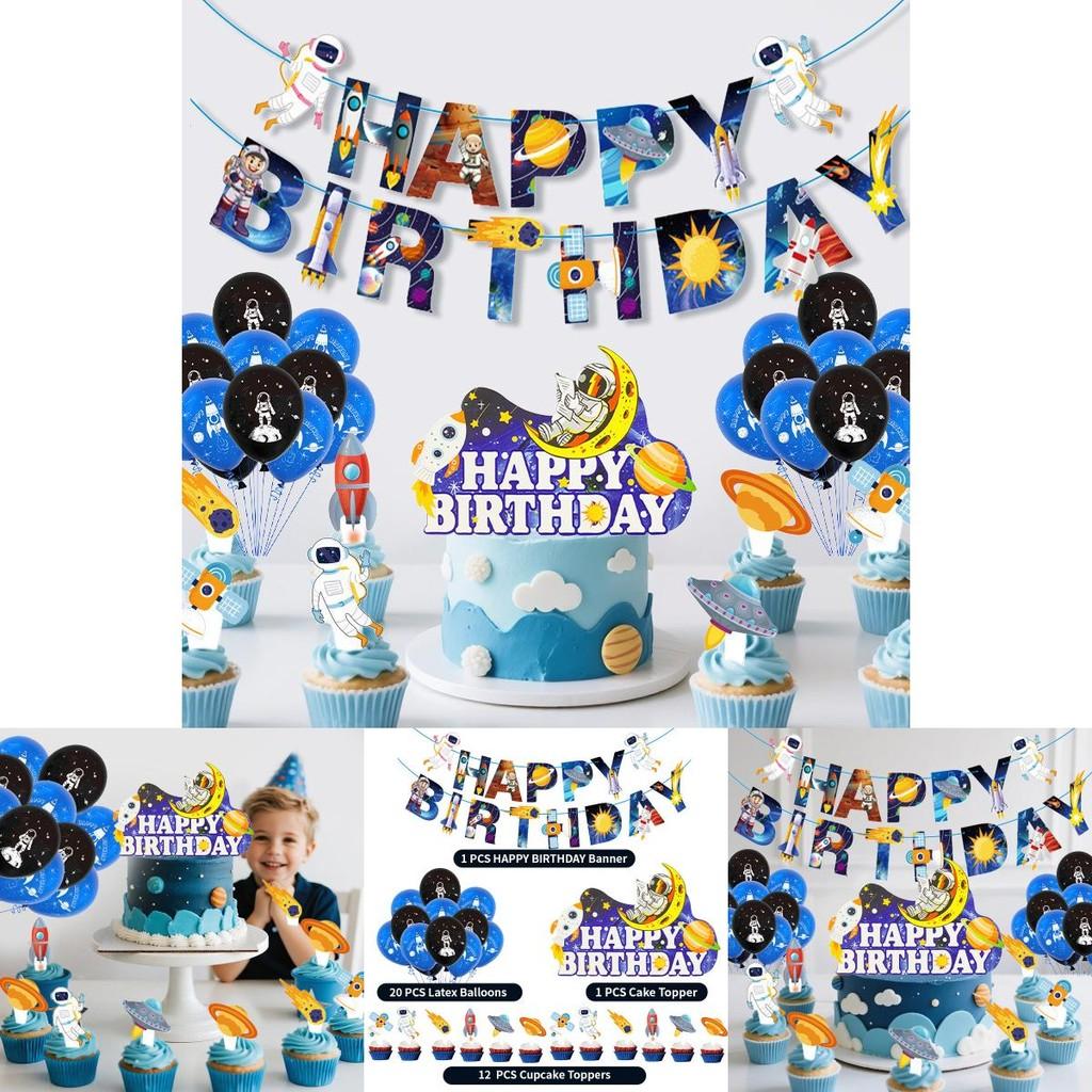 Astronaut Themed Birthday Party Supplies With Paper Flag Banners And Latex Balloons For Celebrations