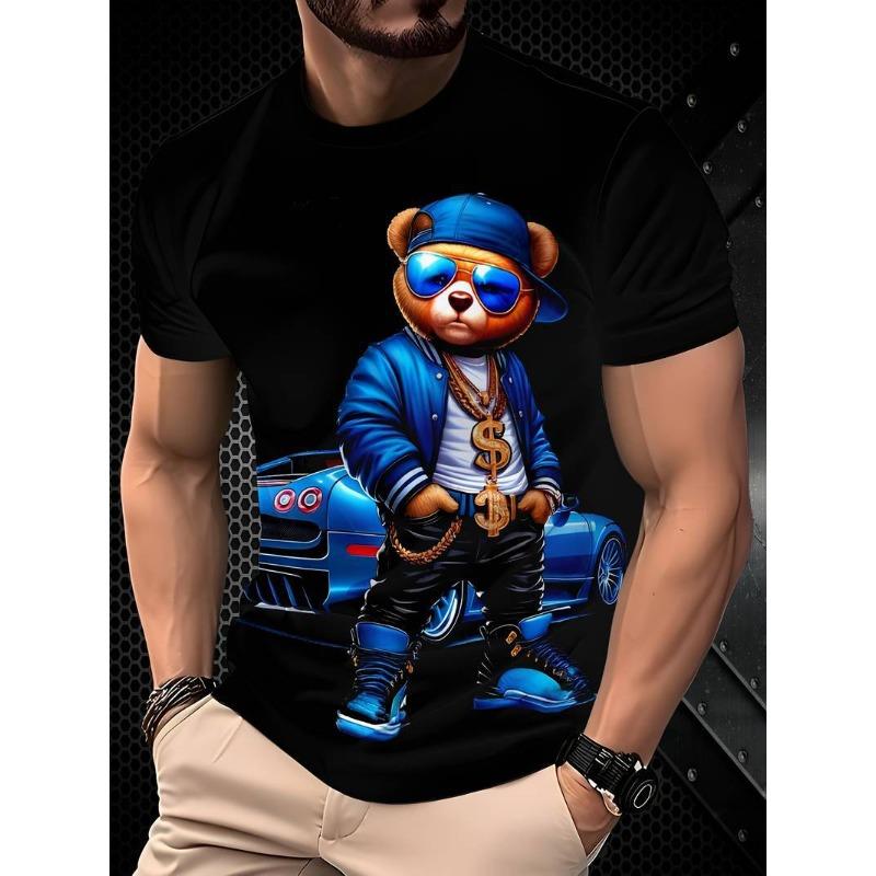 Summer Street Fun Teddy Bear 3D Digital Printed Round Neck Short Sleeve Men's Sports Leisure Comfortable Loose T-shirt