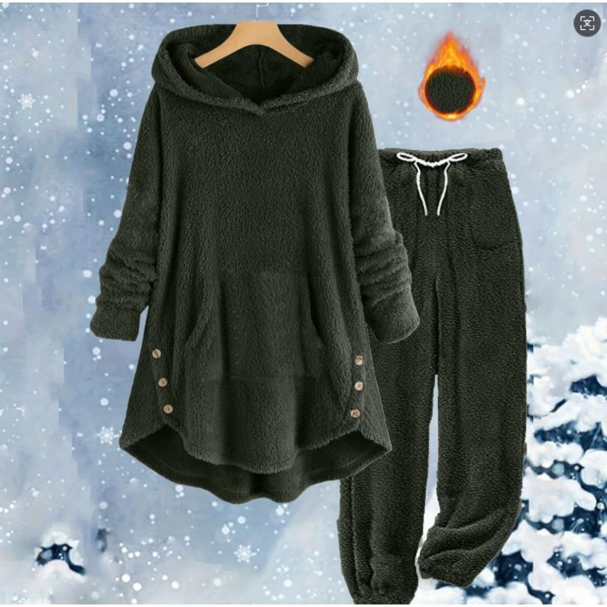

Осень и Зима Новая Повседневная Женская Одежда Однотонный Плюшевый Худи с Длинным Рукавом и Брюки Комплект для Женщин L армия зеленый