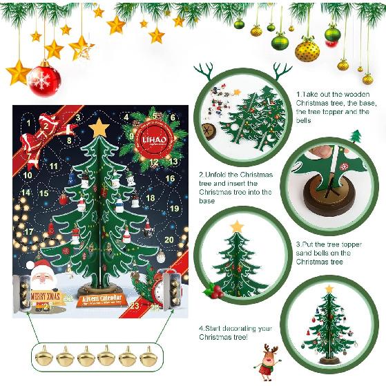 LIHAO Christmas Advent Calendar, 24 Days Tabletop Christmas Tree Countdown Calendar with 24PCS Ornaments for Boys Girls Kids Party Favors, Classroom