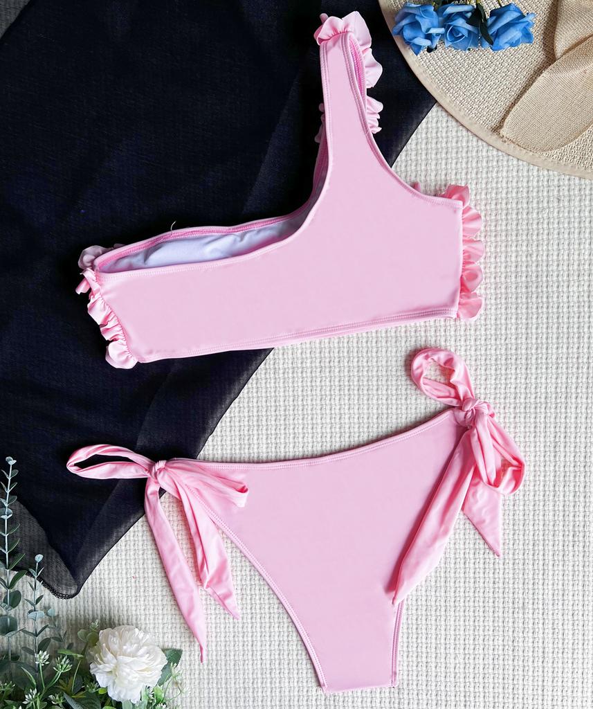 Dámské plavky jednobarevné krajka na jednom rameni Sexy bikiny tanga se zavazováním Brazilské plavky na pláž