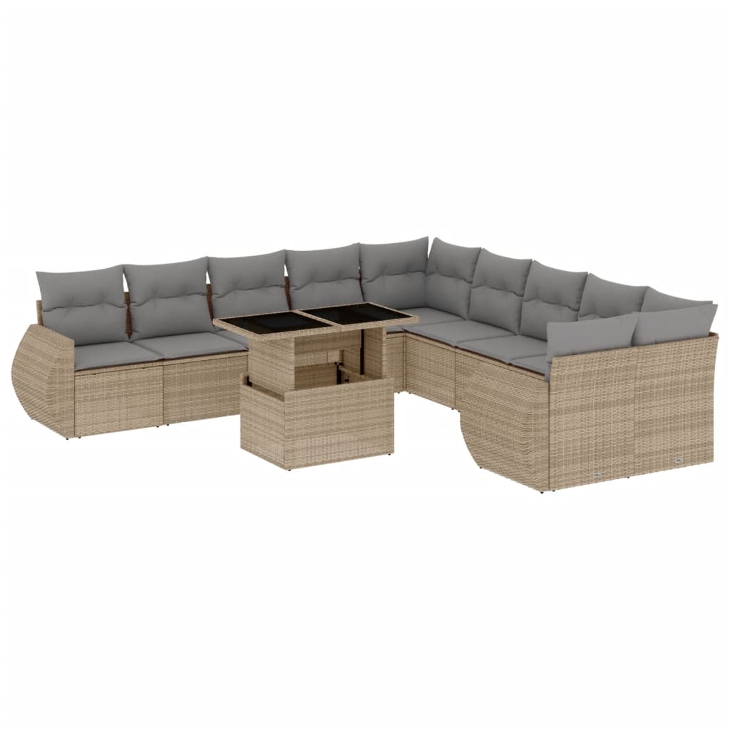 Vidaxl 11-Cz. Garden Furniture Set With Cushions, Beige, Poly Rattan