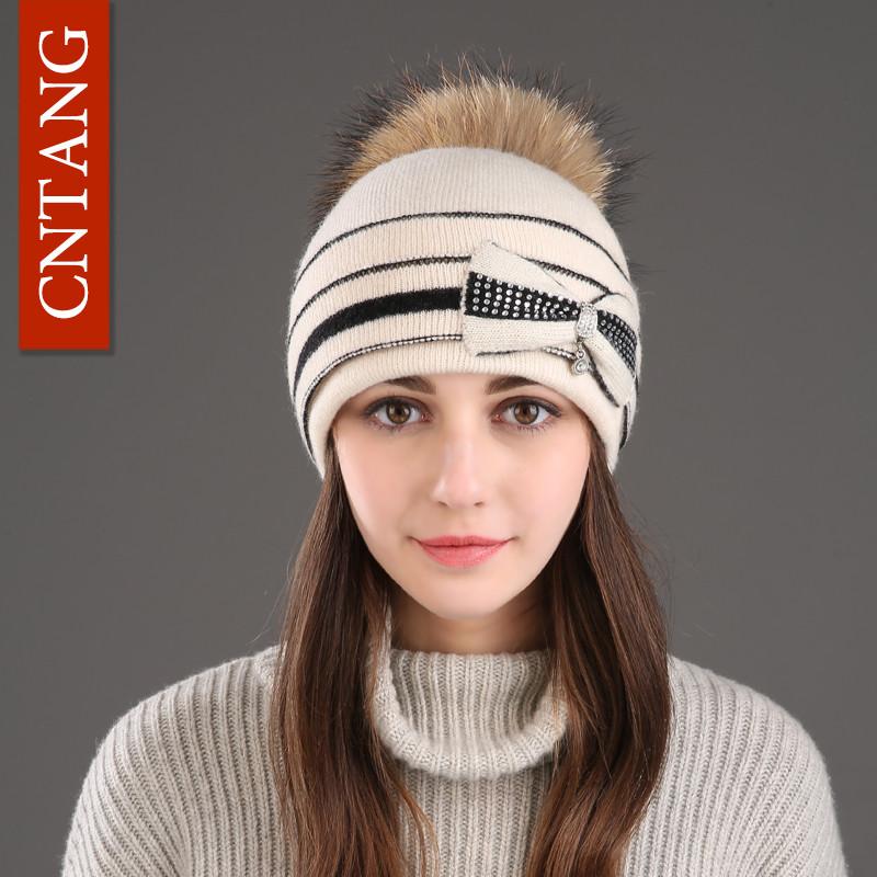 Classic Multiple Styles Women Beanie Winter Warm Fashion Raccoon Fur Pompom Hats Knitted Wool Cap Clearance Cheap High Quality