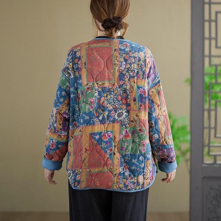 Women Oversized Vintage Floral Jacket Coat Casual Loose Outerwear Cotton Padded Spring Autumn Winter