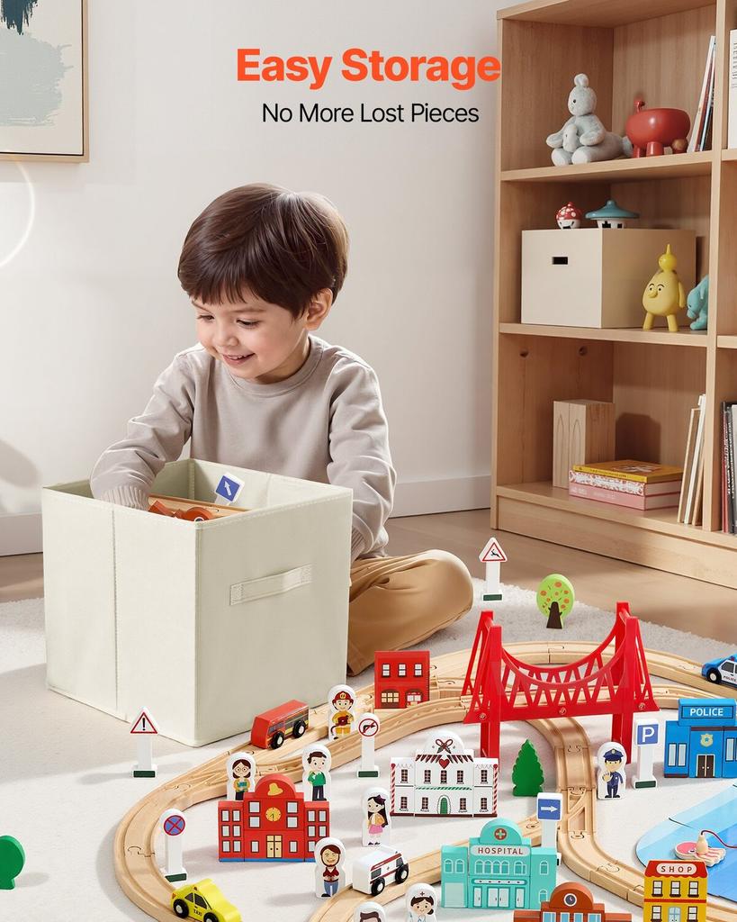 113PCS Wooden Train Set, for Kids Ages 3-8, Wood Train Track Toy with Storage Box, City Scene Railway Playset, Compatible with Major Brands, Christmas