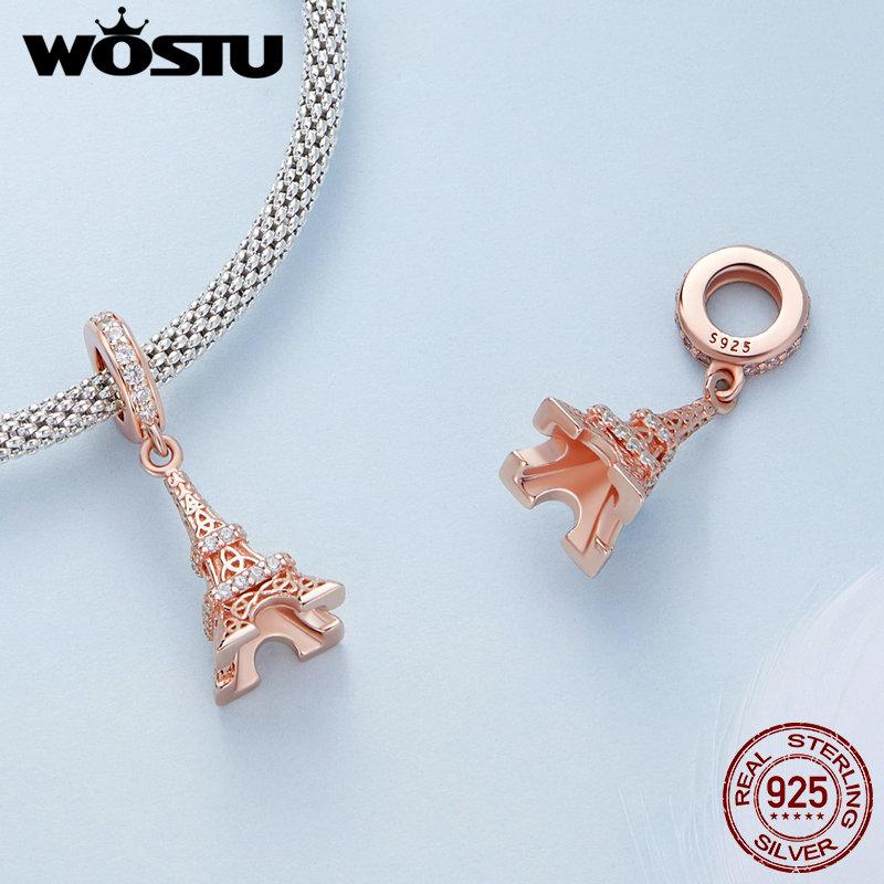 WOSTU 925 Silver Rose Gold Flower Charms Hepburn Tower Heart Beads Fit Bracelet & Necklace DIY Jewelry Making for Women