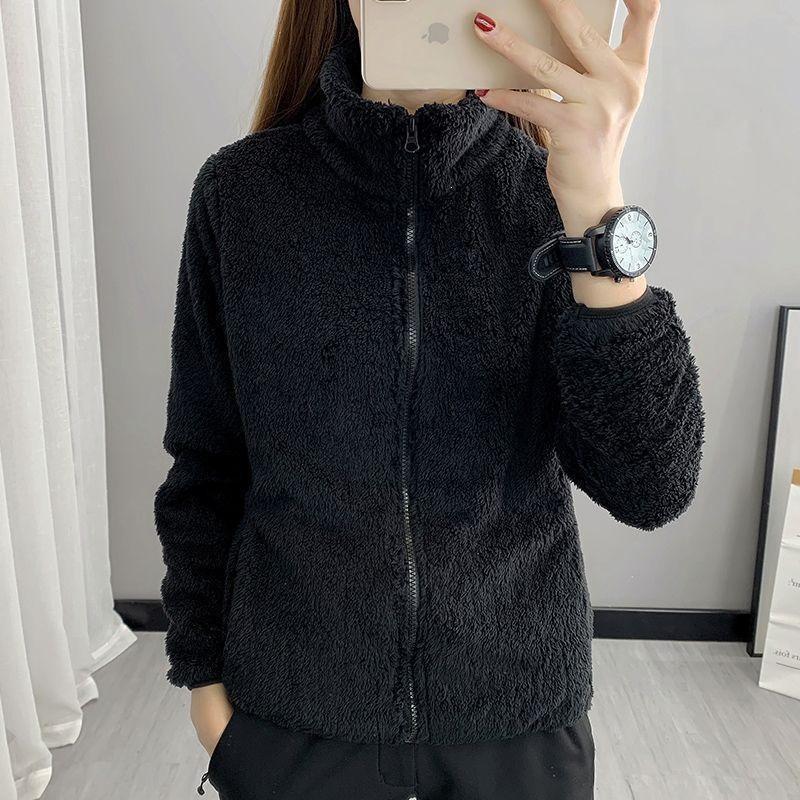 Women's Double-Sided Fleece Jacket - Warm Stand Collar, Long Pile Zipper, Short Cardigan Style Sweatshirt.