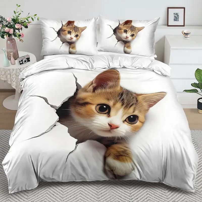 Creative Lazy Cute Cat Print Duvet Cover, High Quality Soft Bedding Set, Soft And Comfortable Quilt Cover, Suitable For Bedroom