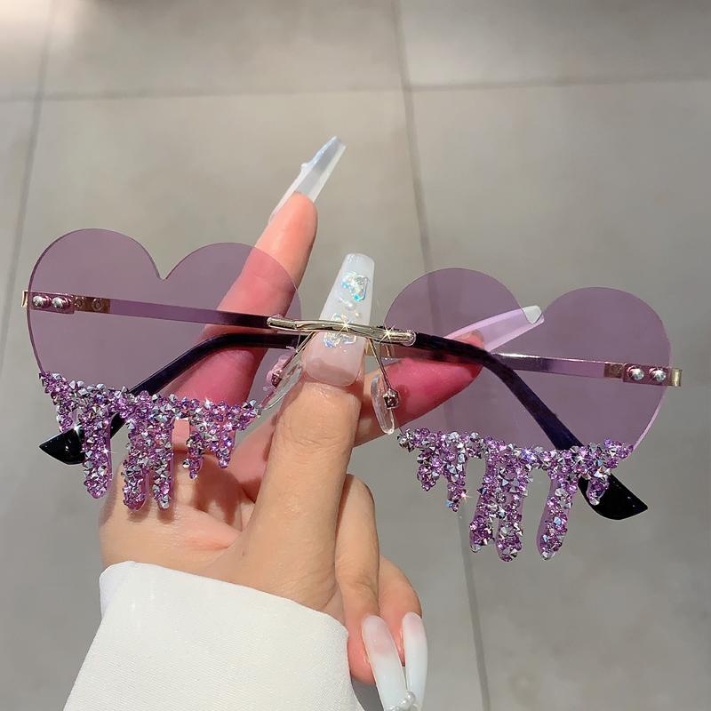 1/2 Pairs Heart Shaped Sunglasses with Rhinestones Women Fashion Rimless Rave Shades Trendy Original Design Sun Glasses