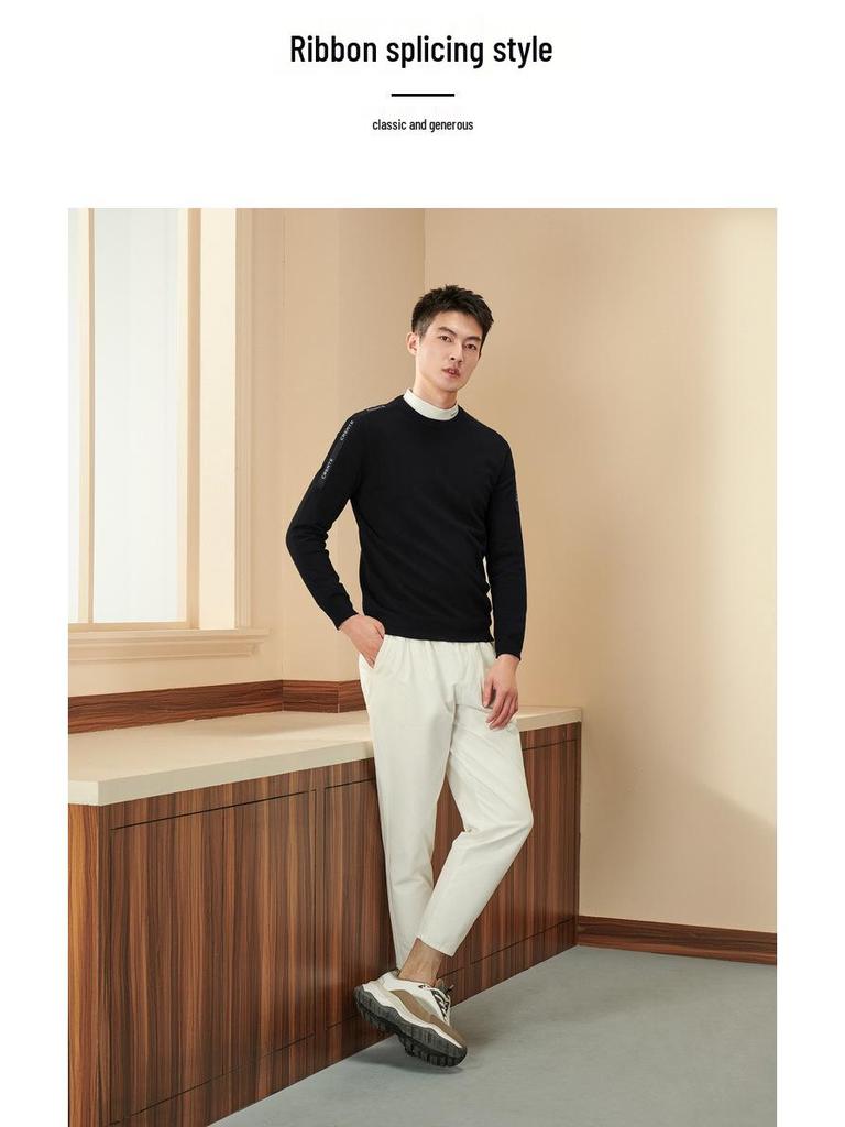 Autumn Men's Slim Fit Crew Neck Knit Sweater with Letter Ribbon Detailing
