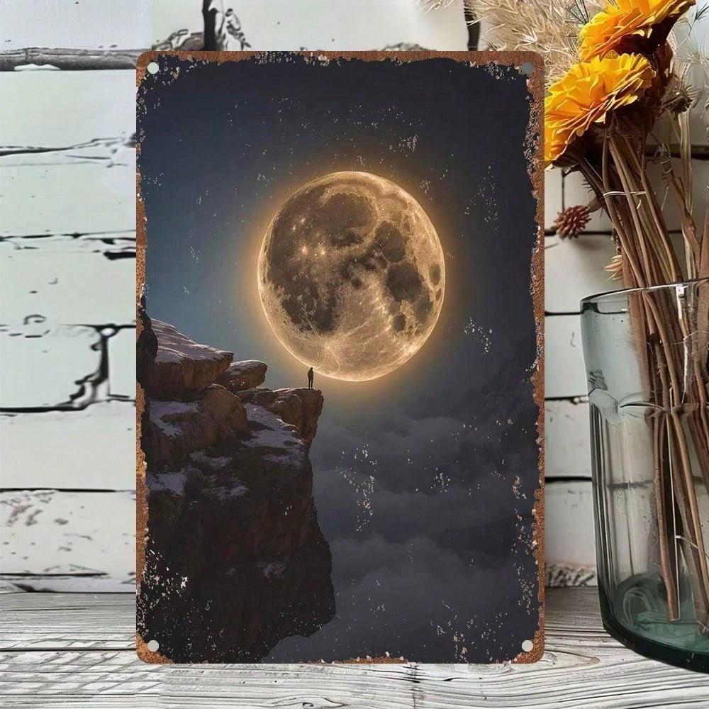 1pc Vintage Moonlit Mountain Tin Sign, Rustic Snowy Cliff Full Moon Wall Art, Retro Decor for Bedroom Cafe Pub