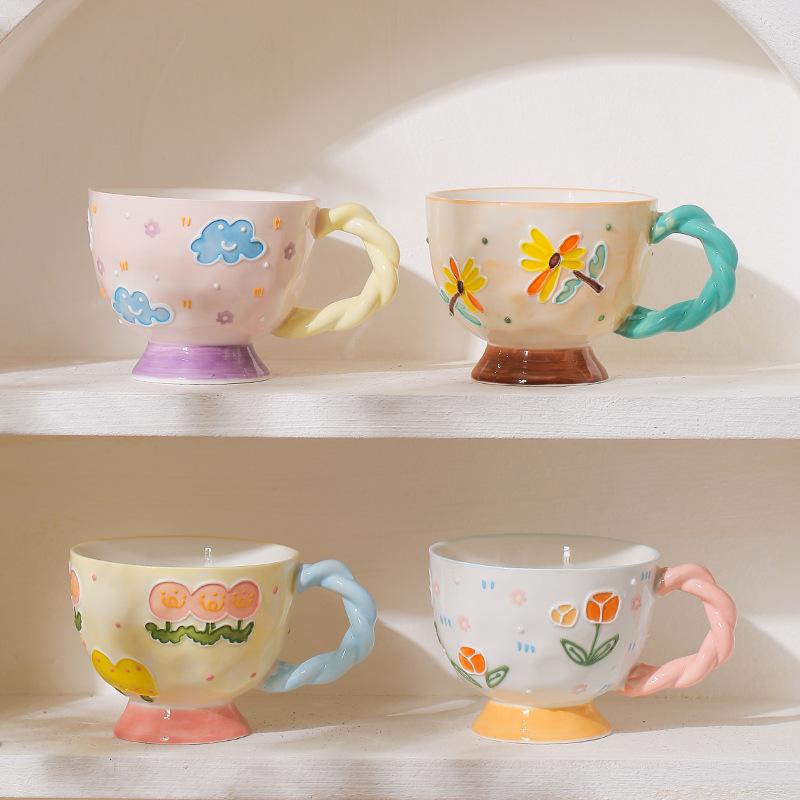 Ceramic Cup Cute Household Water Cup Coffee Cup Mug Mug Large Capacity Breakfast Cup Floral Design Ceramic Cup