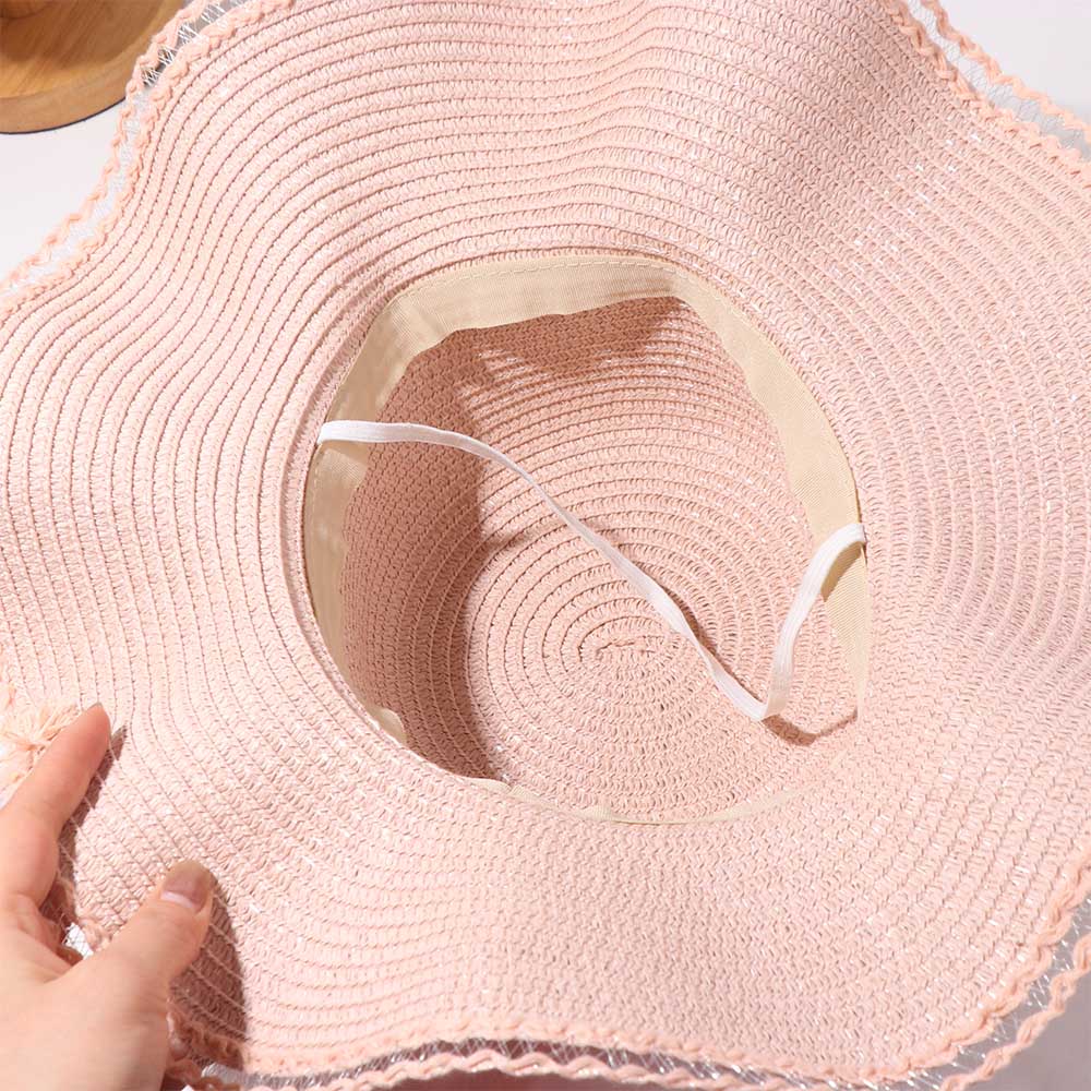 Spring Summer Bow Ribbon Straw Hat French Style Women's Sun Hat Ins Lace Pearls Straw Hat Outdoor