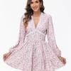 Summer V-Neck Lace Long Sleeve Dress Floral Printed Slim Fits Sexy Dress Sweet High Waist A-line Mini Dress