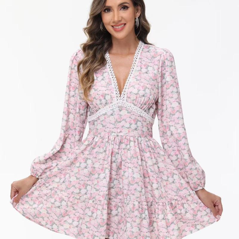 Summer V-Neck Lace Long Sleeve Dress Floral Printed Slim Fits Sexy Dress Sweet High Waist A-line Mini Dress
