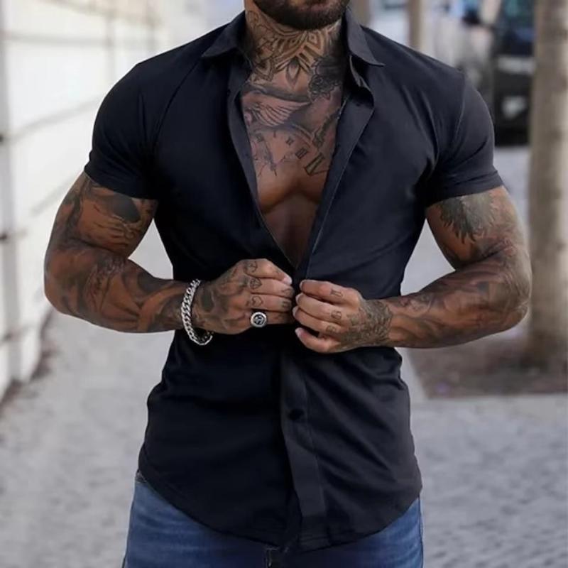 Camicia Casual da Uomo Semplice Estiva a Maniche Corte Colore Unico Giovanile Trendy Sportiva Stile Sottile