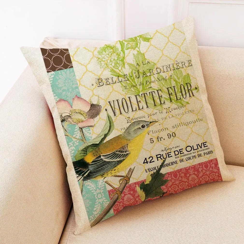 Retro Flower And Bird Design Linen Pillowcase Car Seat Cushion Cover Decorative Living Room Sofa 45*45Cm