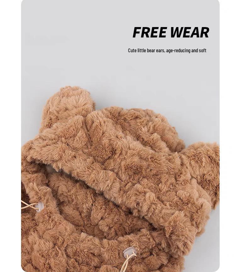 Korean-Style Plush Little Bear Hat with Ear Muffs and Integrated Scarf Mask for Winter Warmth