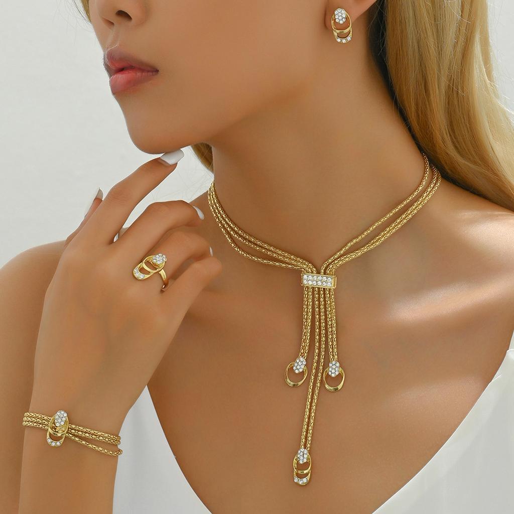 Fashion Jewelry Set Luxury Alloy Long Tassel Necklace Bracelet Earrings Rings Elegant Women Banquet Wedding Accessories