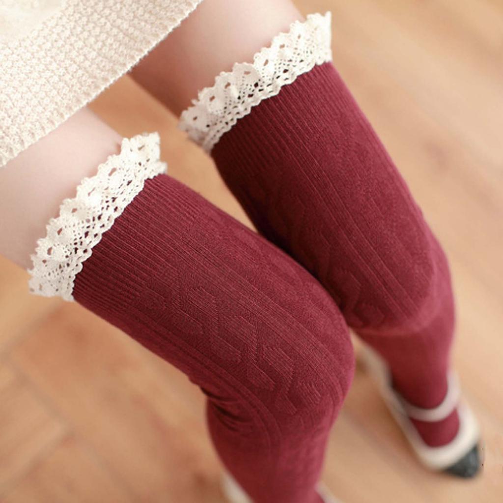 Women Lady Warm Cotton Thigh High Long Stockings Knit Over Knee Lace Socks
