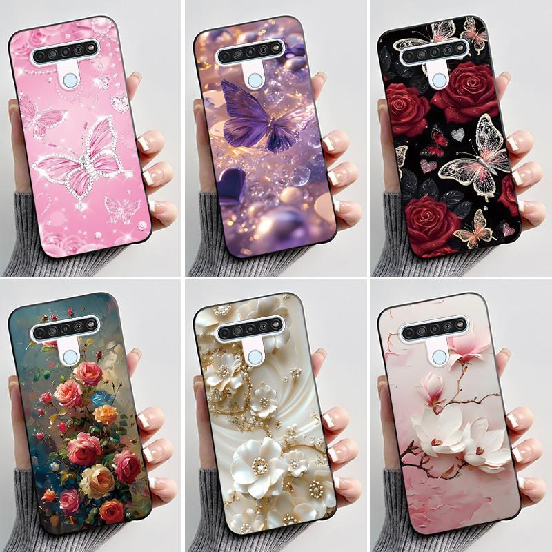 For LG Q61 LM-Q630N Slim Black Soft Silicone Case Luxury Fashion Flower Butterfly Painted Cover for LG K61 Q61 Q 61 Phone Casing
