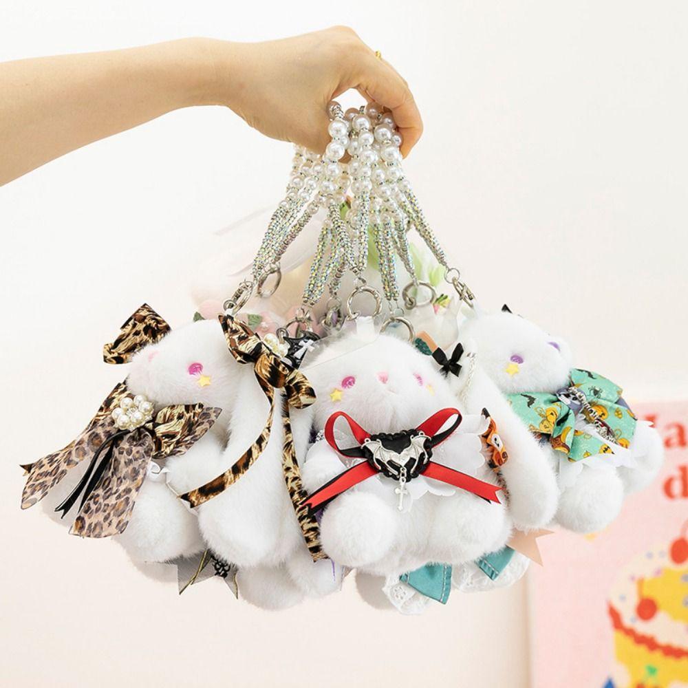 Stuffed Rabbit Doll Keyring Princess Pearl Dress Drooping Ear Rabbit Pendant  Backpack Decor