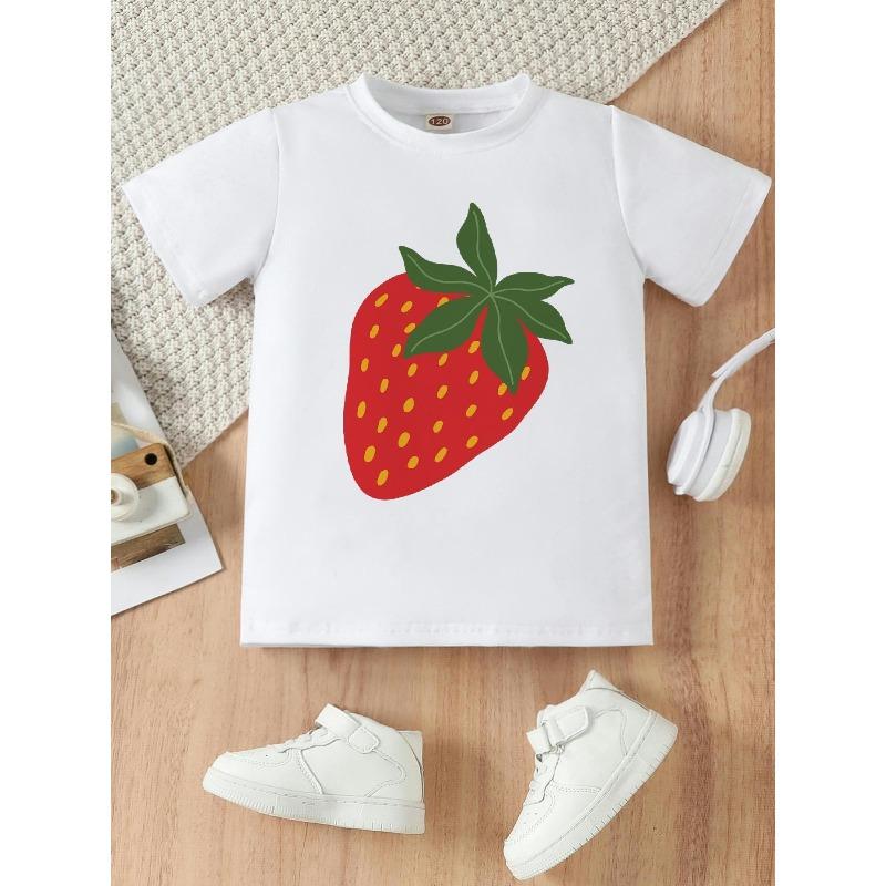 European Size Girls Round-neck Short-sleeved T-shirt with Cartoon Strawberry Pattern Print