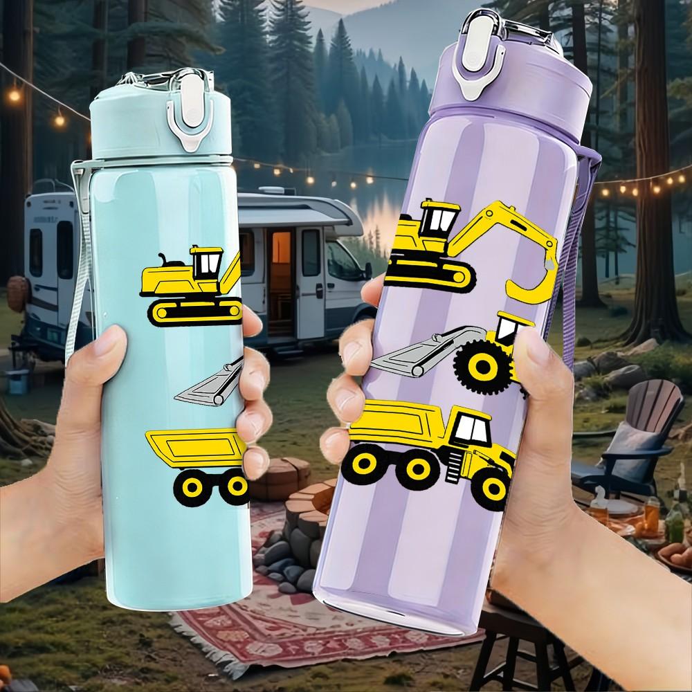 1PC Multi Excavator Construction Print 750ml Color Plastic Sports Water Bottle Leakproof Flip Straw Lid Suitable for Sports Office Home Use
