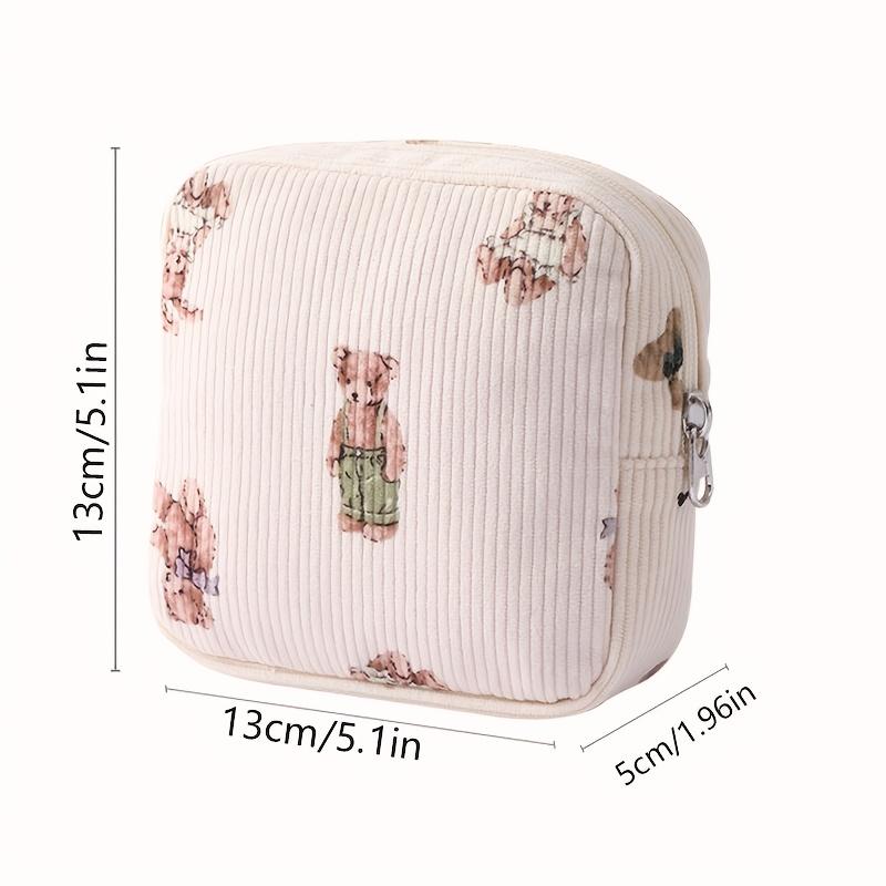 Multi-purpose Mini Bag,Corduroy Quilted Key/Coin Pouch & Sanitary Storage,Floral Bear Pattern,Portable Organizer for Small Items
