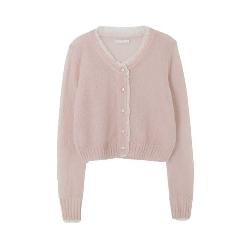 

Pig Oni South Korea Dongdaemun Autumn Sweet Gentle Pink Tops Lace Short Stitching Knitting Cardigan Female Pink All yards