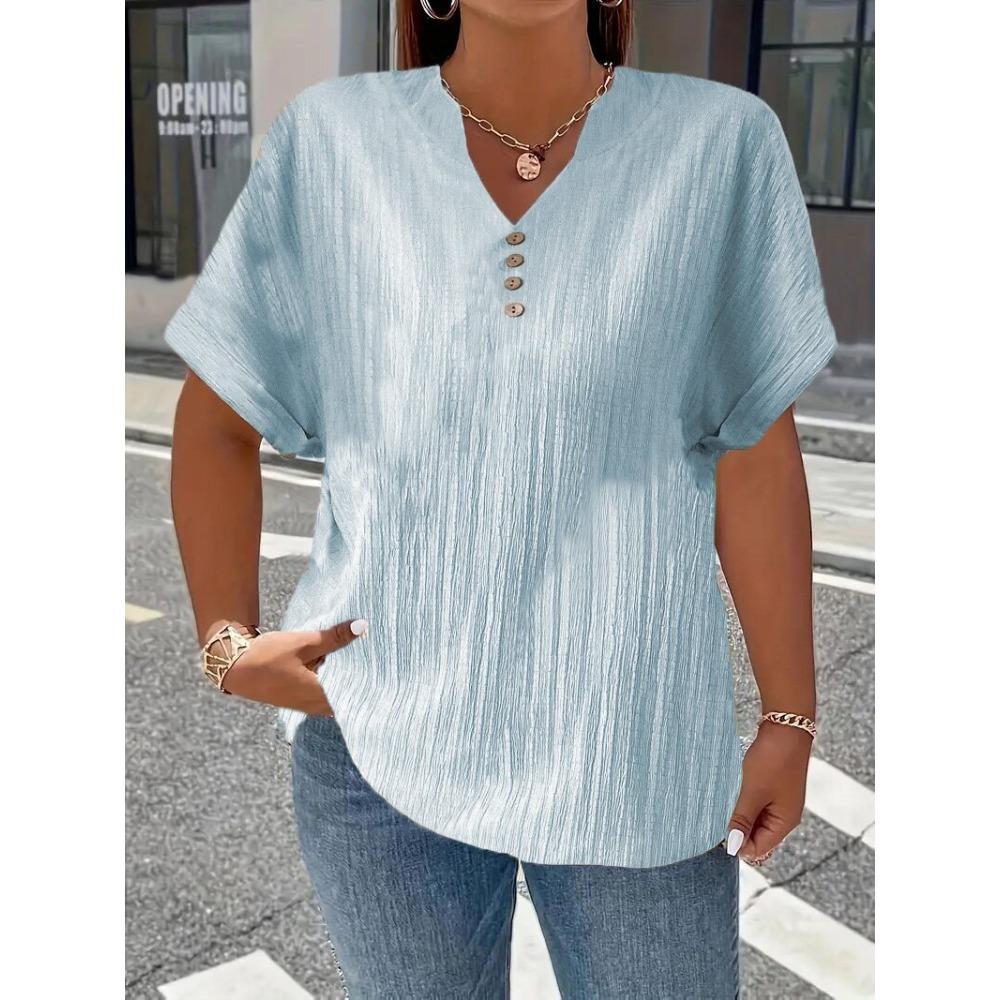 Spring and Summer Women's Fashion Casual Solid Color Button V-neck T-shirt for Women