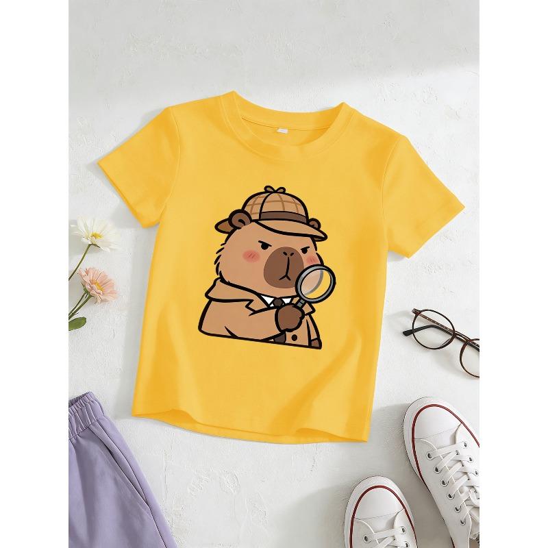 European sizes Girls' Short-Sleeve Capybara Detective T-Shirt, Kids' Round Neck Breathable Skin-Friendly Top, Korean Style , Versatile