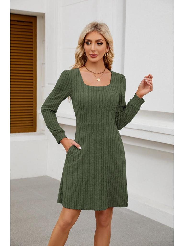 2025 Women's Square Neck Pocket Knit Sweater Dress - Long Sleeve Casual Fashion