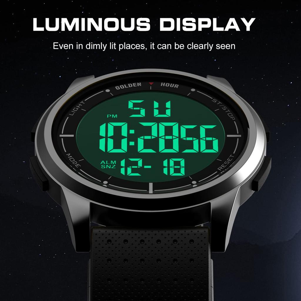 GOLDEN HOUR Minimalist Metal Sports Waterproof Digital Wide Viewing Angle Rubber Unisex Watch Men's Watch, Ultra-Thin Design, Case, Watch, Display,