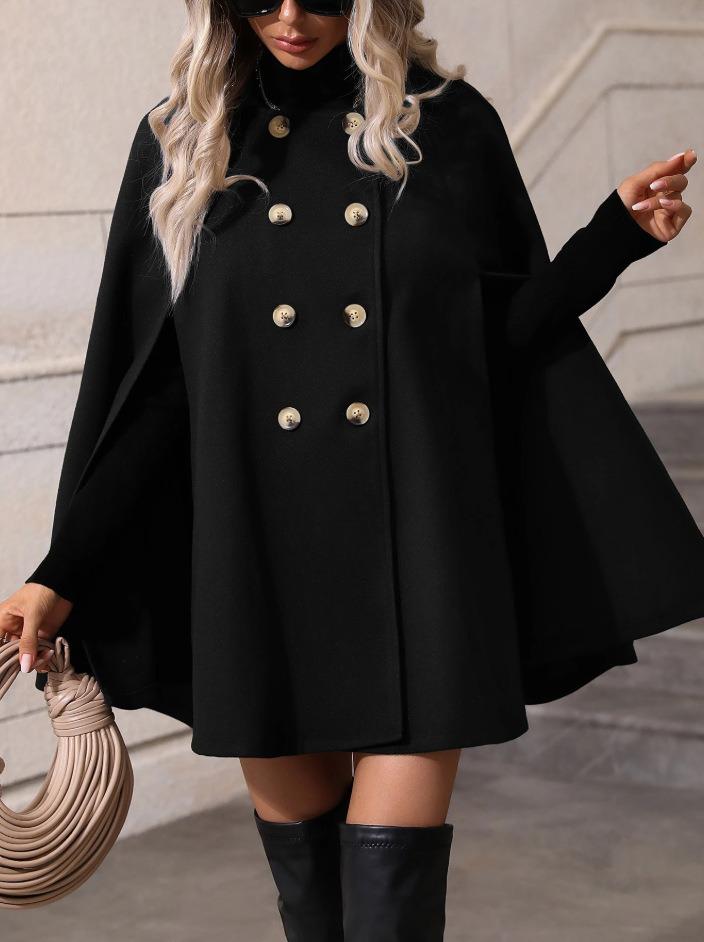 Mittellanger Wollmantel für Damen - Zweireihig, Britischer & Koreanischer Stil, Lockerer Schnitt, Figurschmeichelnd, Winter-Essential M schwarz