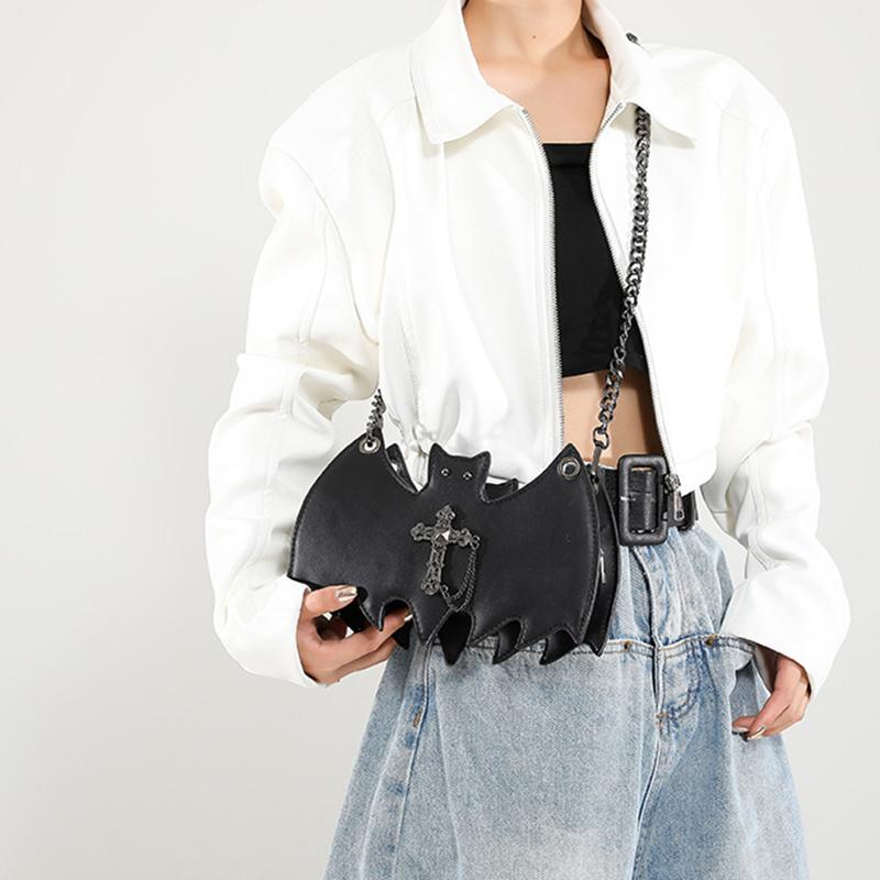 Gothic Style Bat & Skull PU Leather Shoulder Bag Vintage Solid Color Crossbody Bag with Adjustable Chain Strap for Outings, and Everyday Use