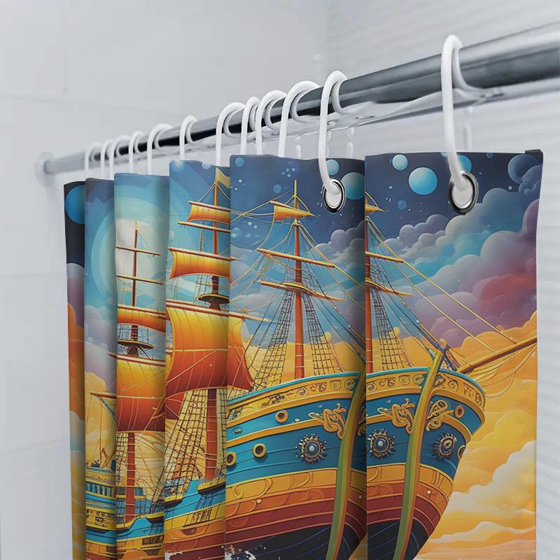 Exotic Ocean Adventure Shower Curtain Multicolored Sailboat Print For Bathroom Decor Fabric Durable Waterproof Home Decoration I
