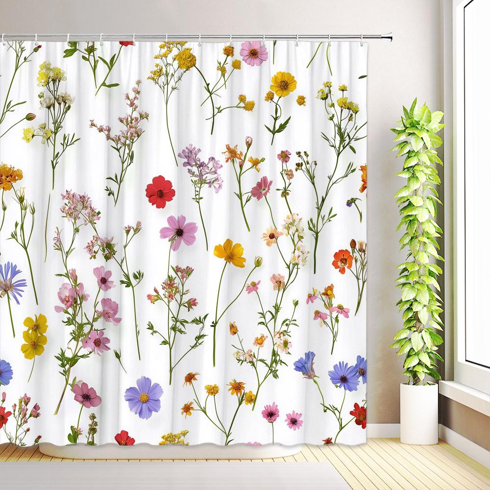 Purple Floral Shower Curtain Watercolor Flower Plants Leaves Butterfly Wildflower Bathroom Decor Fabric Bath Curtains with Hooks