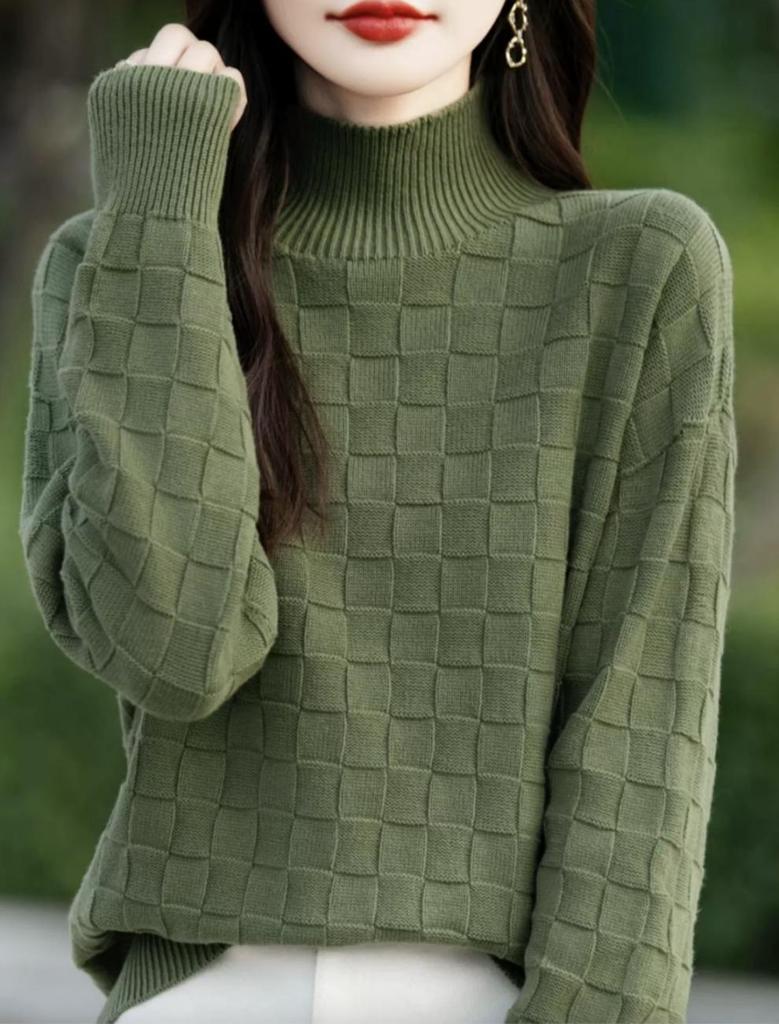 Women's 2024 Checkerboard Jacquard Knit Base Layer Top - Half-High Neck, Thick, Loose, Slim-Fit Sweater