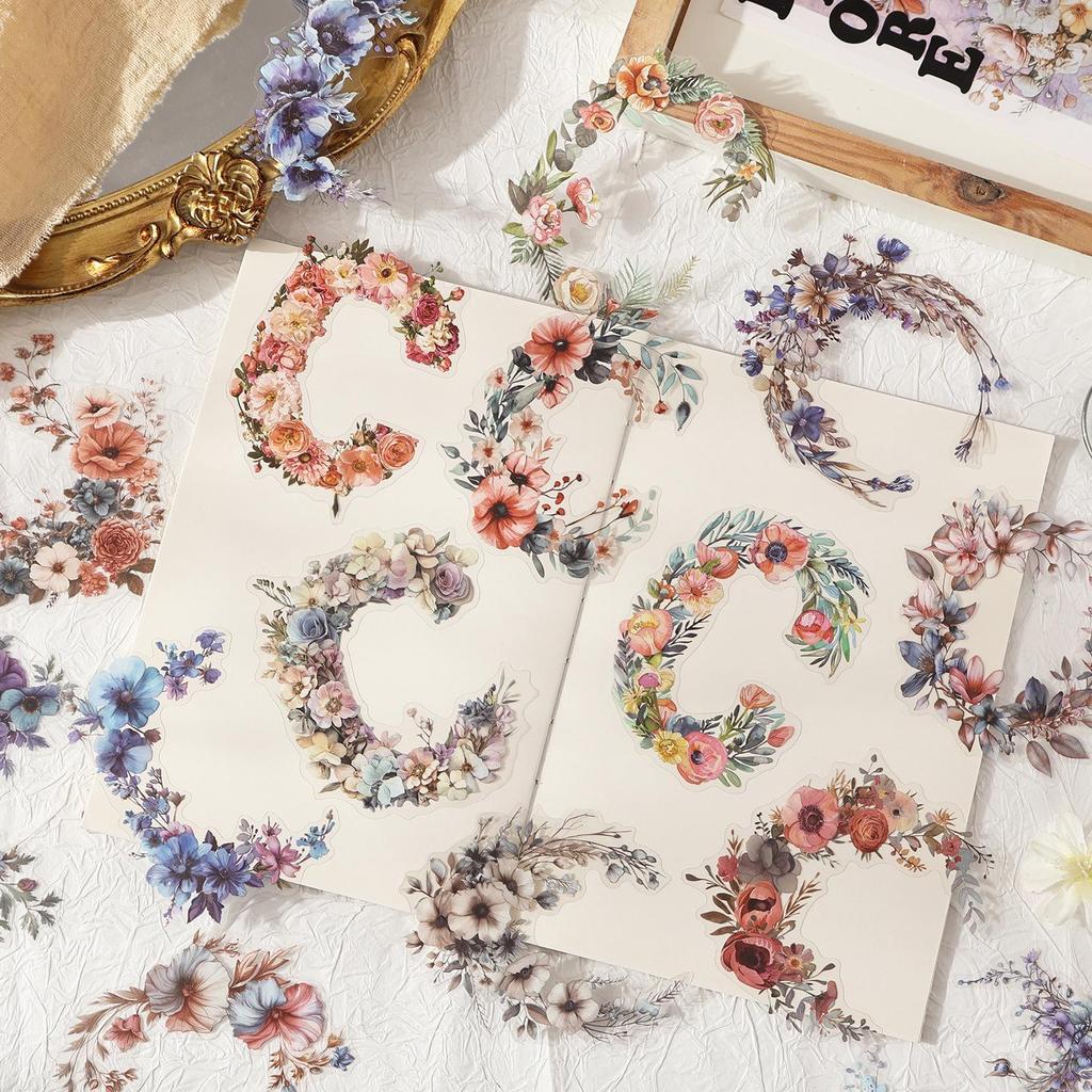 ZABC Retro Floral PET Sticker Pack: 15 Sheets for Romantic Floral-Themed Journaling