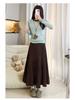Women's Black Gold Velvet A-line Pleated Midi Skirt, High Waist, Spring/Autumn 2026
