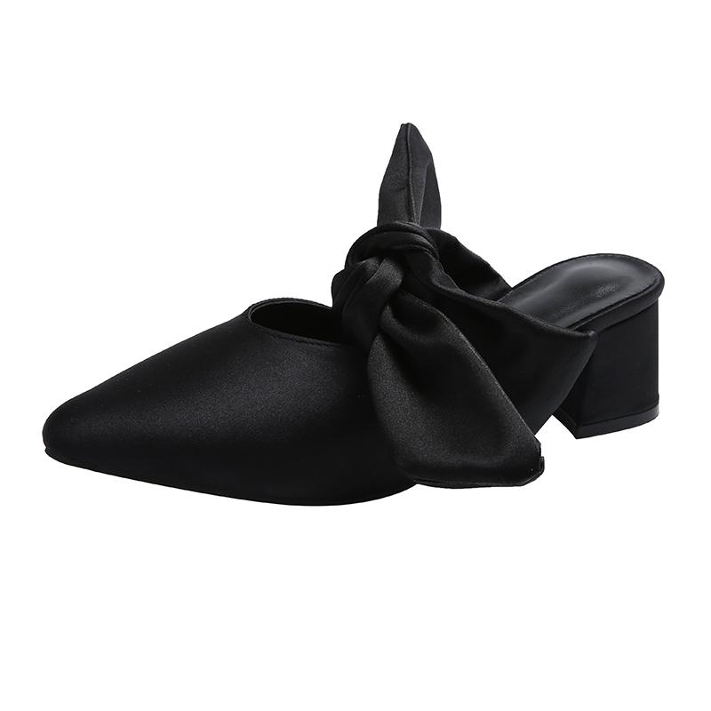 Baotou Thick Slippers for Women Pointy Head Shallow Mouth Butterfly Knot Set Foot Anti-slip Wear-resistant High Heels