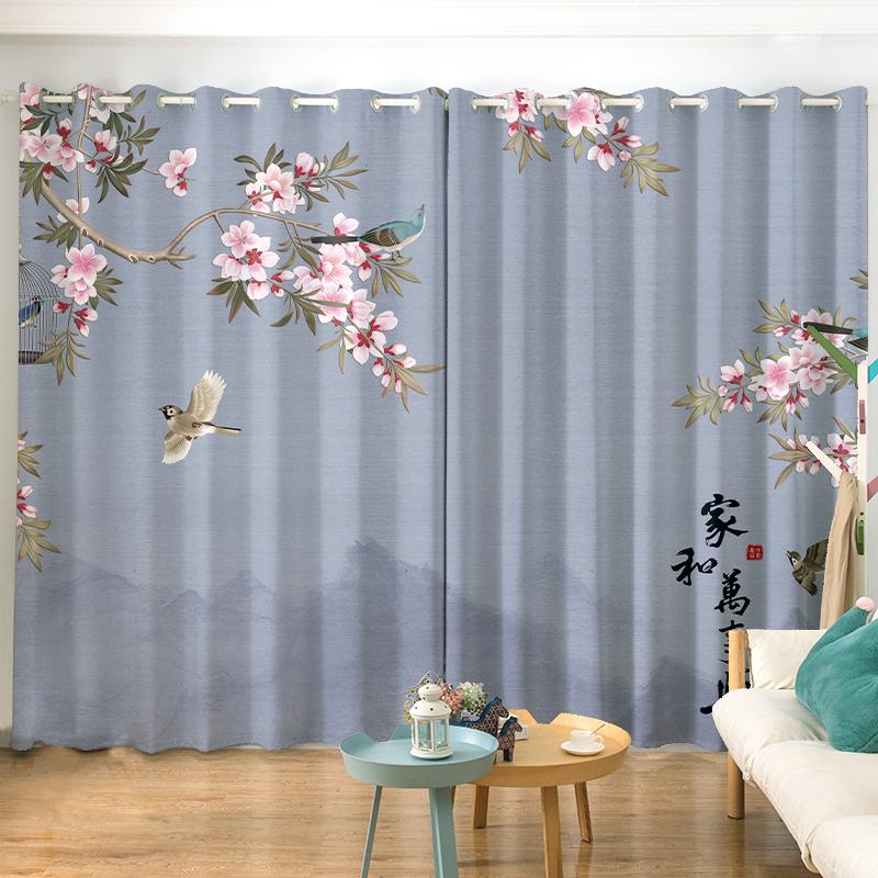 2PCS New Chinese Flower and Bird Print Semi-blackout Curtain Custom Hook Grommet Top Model Living Room Bedroom Window Curtain