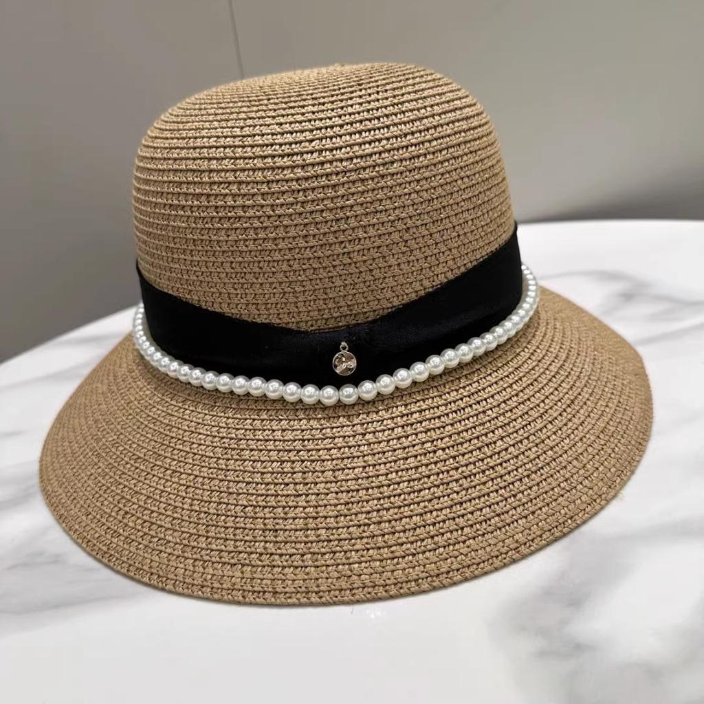 Straw Hat Ins Pearl M Letter Bucket Fisherman Hat Children Spring and Summer Fashion Versatile Basin Hat