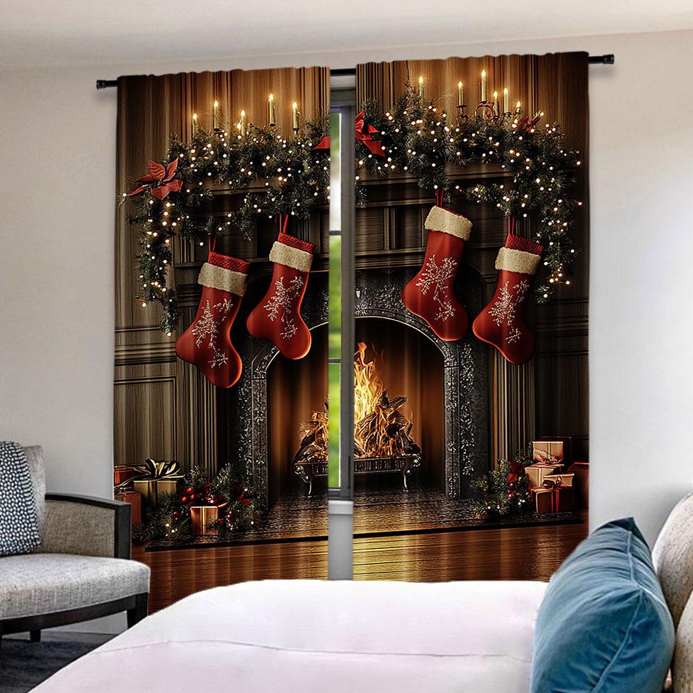 2 szt. Dekoracja Świąteczna Zasłony Okienne Vintage Płomień Kominka Świąteczne Buty Zachodni Klasyczny Motyw Świąteczny Dom Salon