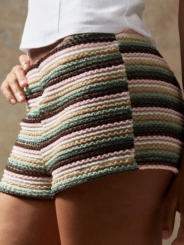 2026 Summer Women's Hollow Jacquard Striped Bikini Shorts - Sexy, High Elasticity