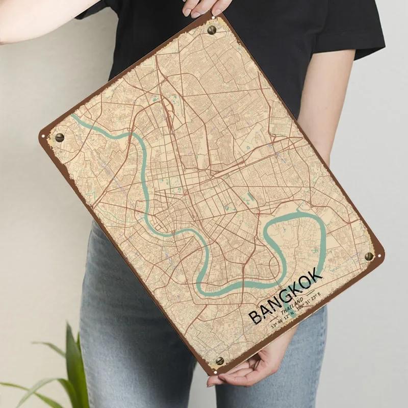 Bangkok Vintage Karta Affisch Karta Metallskylt Modern Heminredning Vardagsrum Anpassade Tennskyltar för Väggkonst Dekoration Man Cave