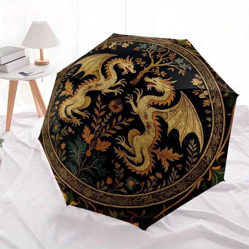 Golden Dragons and Tree of Life CircularRugUmbrella, Portable 3-Fold Compact Umbrella for Men & Women Gift